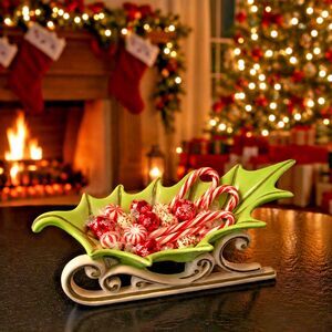 Vintage Ceramic Green Holly Leaf Candy Nut Dish, USA Atlantic Mold, Christmas